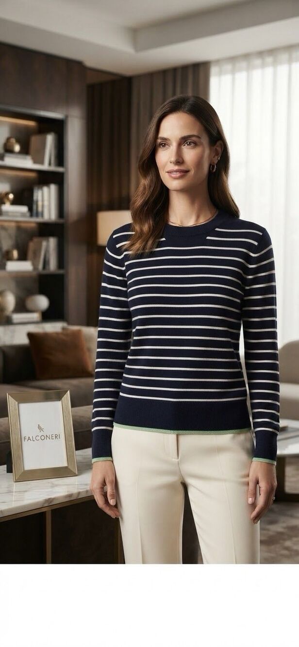 Falconeri 100%  Puro Cashmere Sweater Crew Neck  size M, Green Stripes On trims